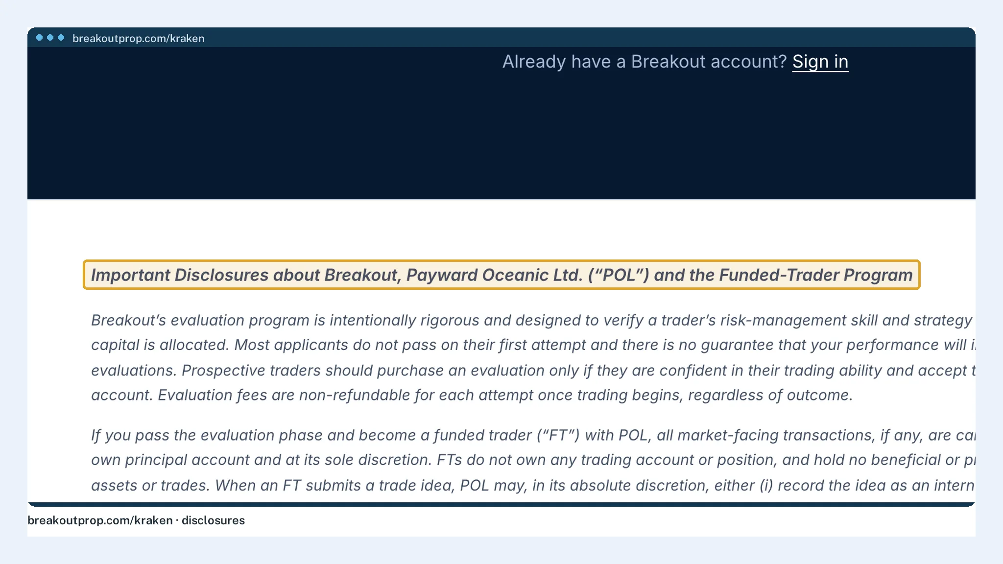 Breakout's evaluation agreement naming Payward Oceanic Ltd, the Kraken group company behind its funded accounts