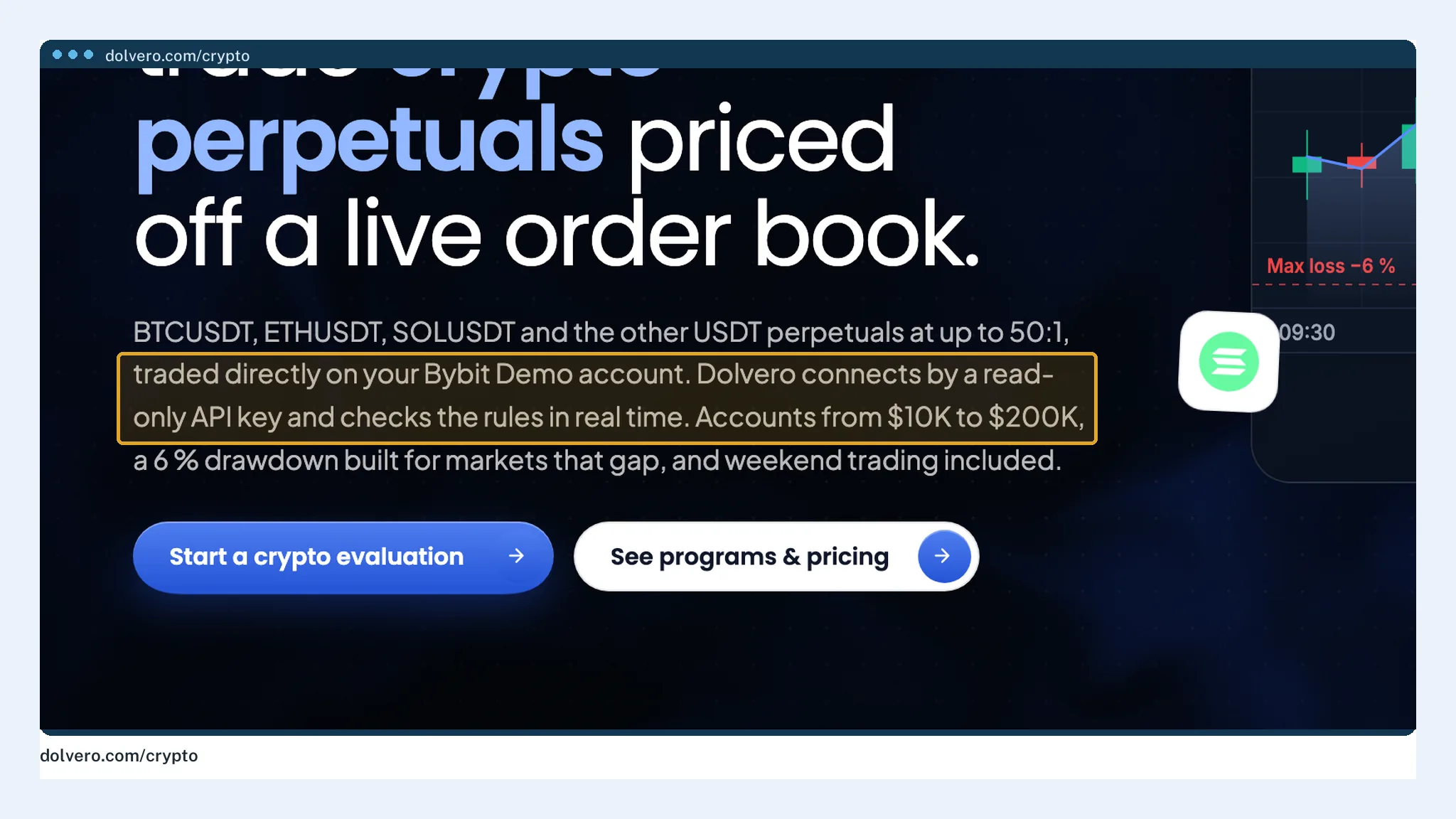 Dolvero's crypto page describing the Bybit Demo account and read-only API key