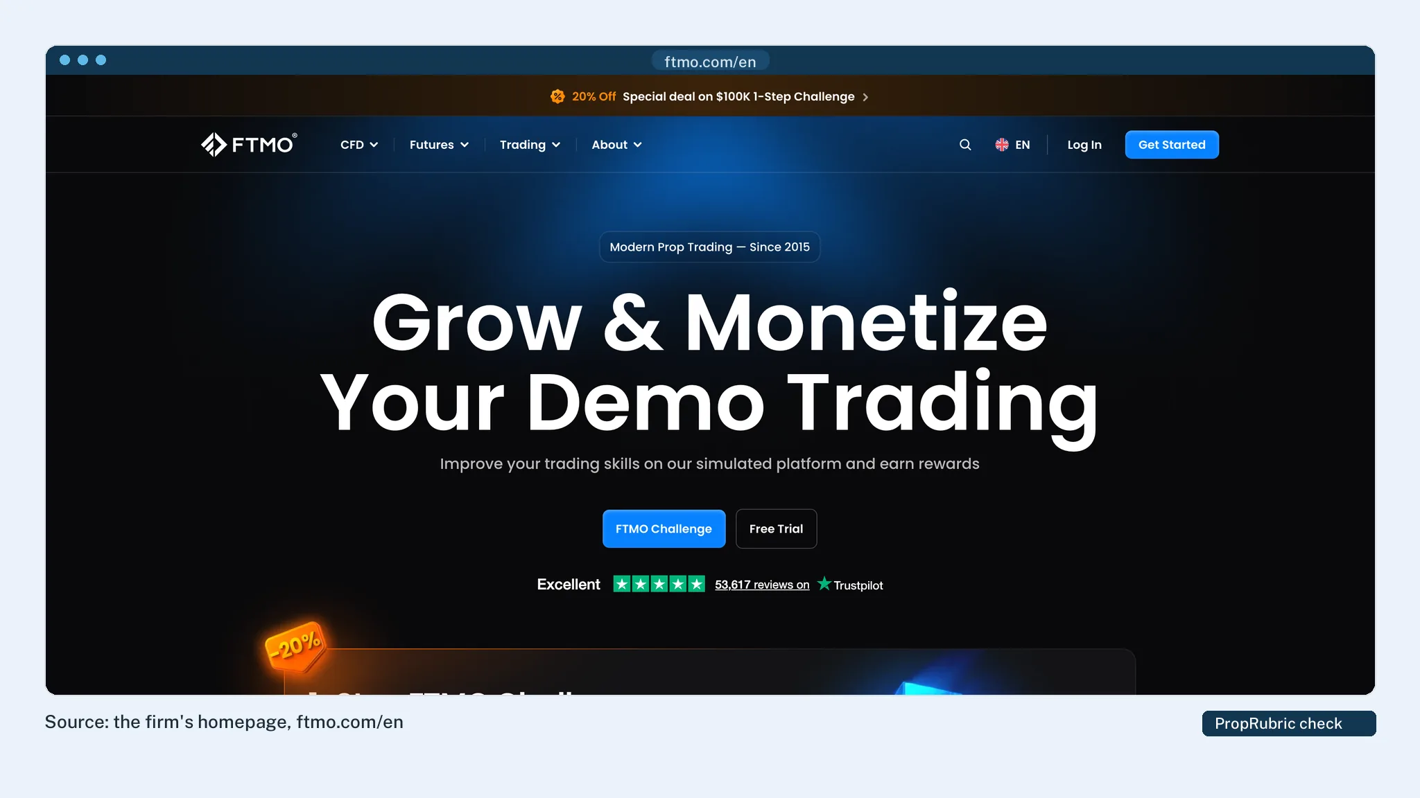 FTMO's homepage at PropRubric's last check