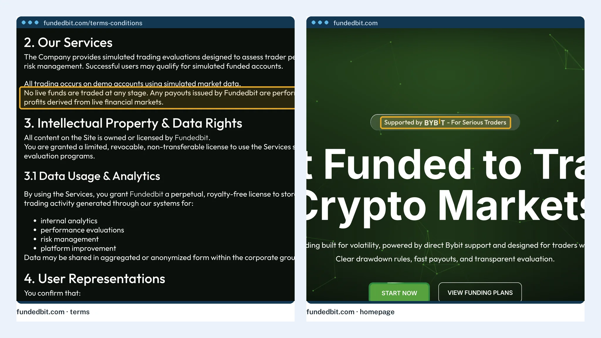 Fundedbit's rules stating that challenge accounts are simulated, beside its Bybit branding