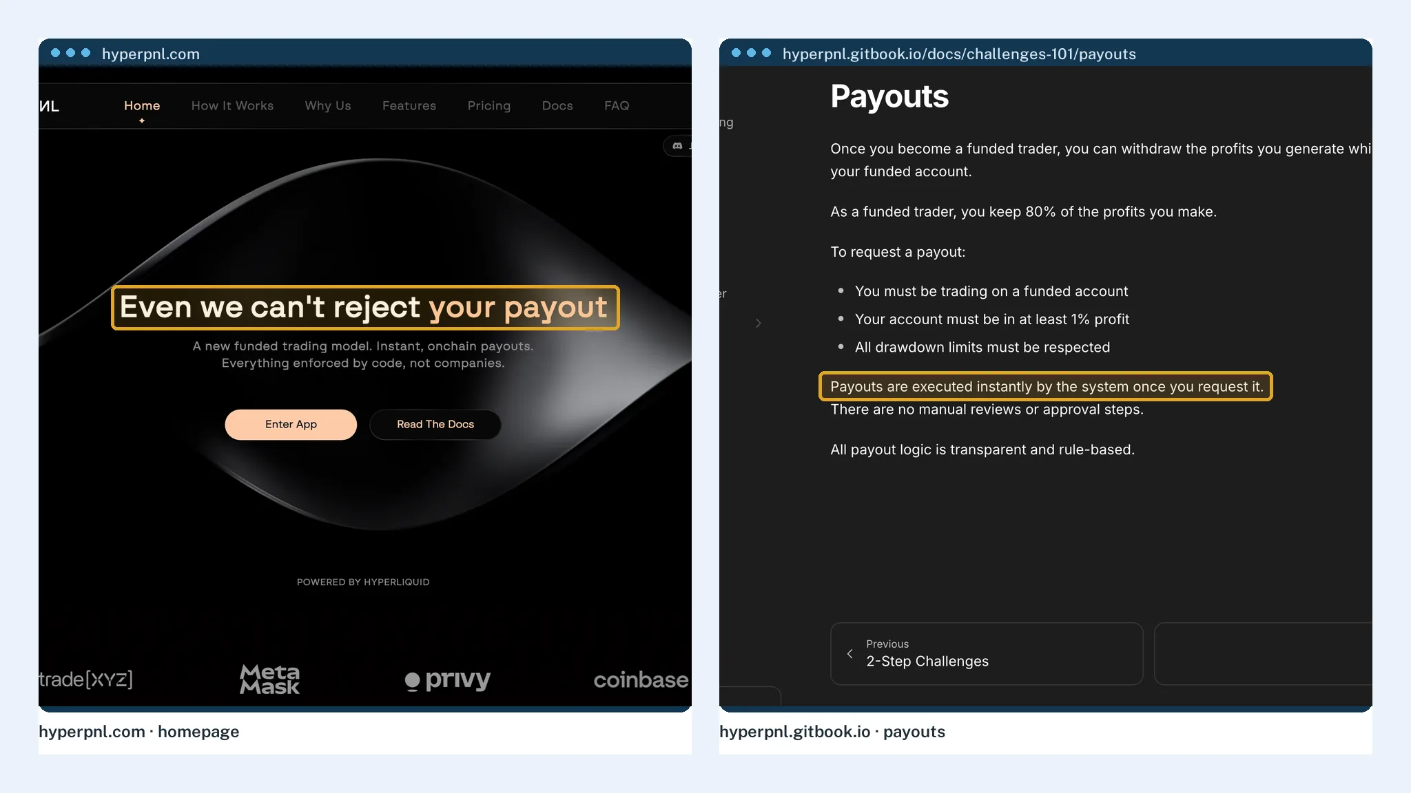 HyperPNL's homepage on-chain claim beside its terms clause on payout timing