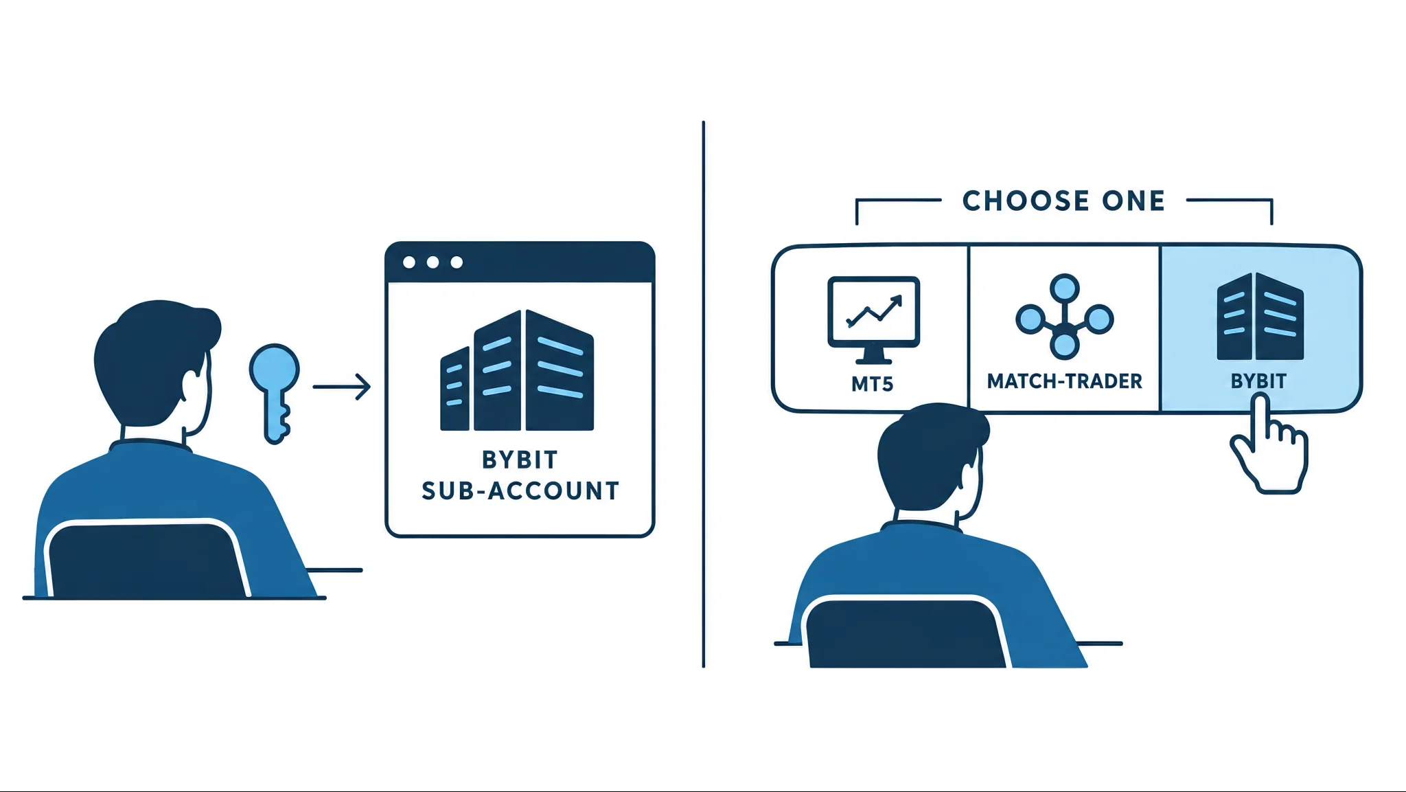 HyroTrader's Bybit-connected demo account beside Crypto Fund Trader's three-platform choice