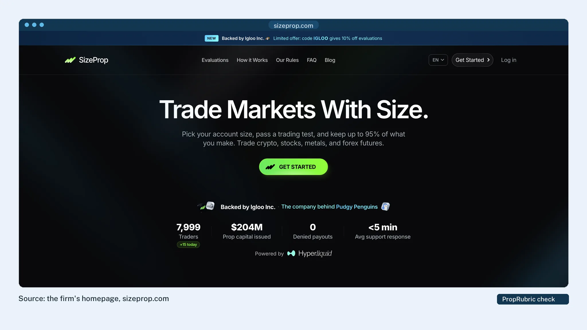 SizeProp's homepage at PropRubric's last check