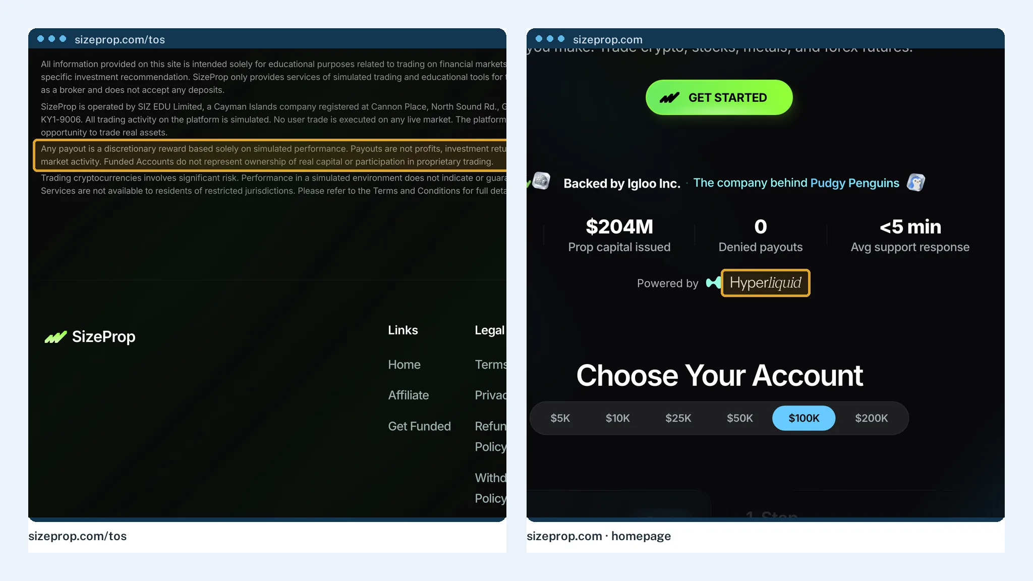 SizeProp's terms stating that no trade reaches a live market, beside its homepage label