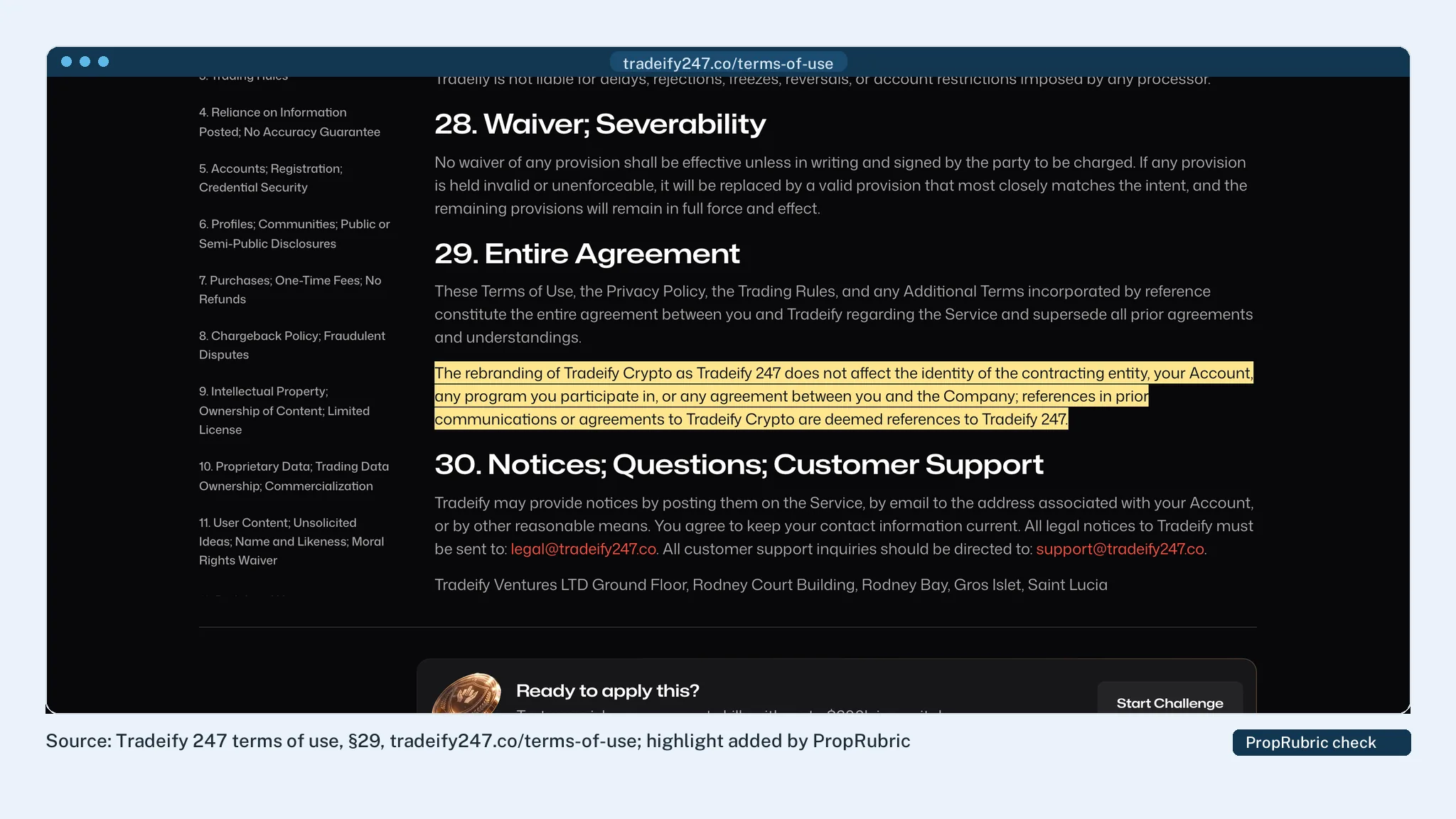 Tradeify 247's terms recording the rebrand from Tradeify Crypto