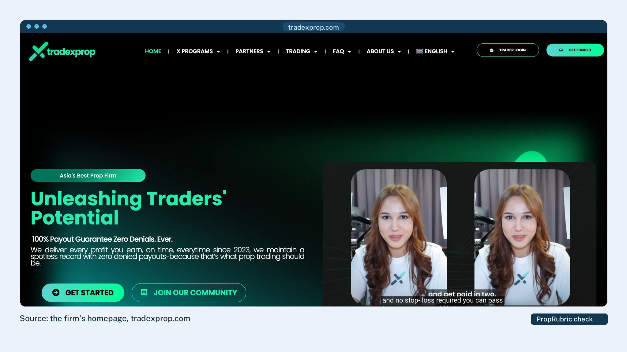 TradeXProp's homepage at PropRubric's last check