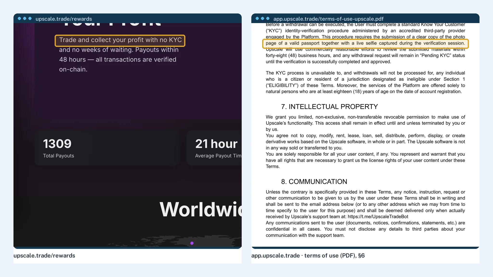 Upscale's "no KYC" promise on its rewards page beside the terms clause that requires a passport and selfie before a withdrawal