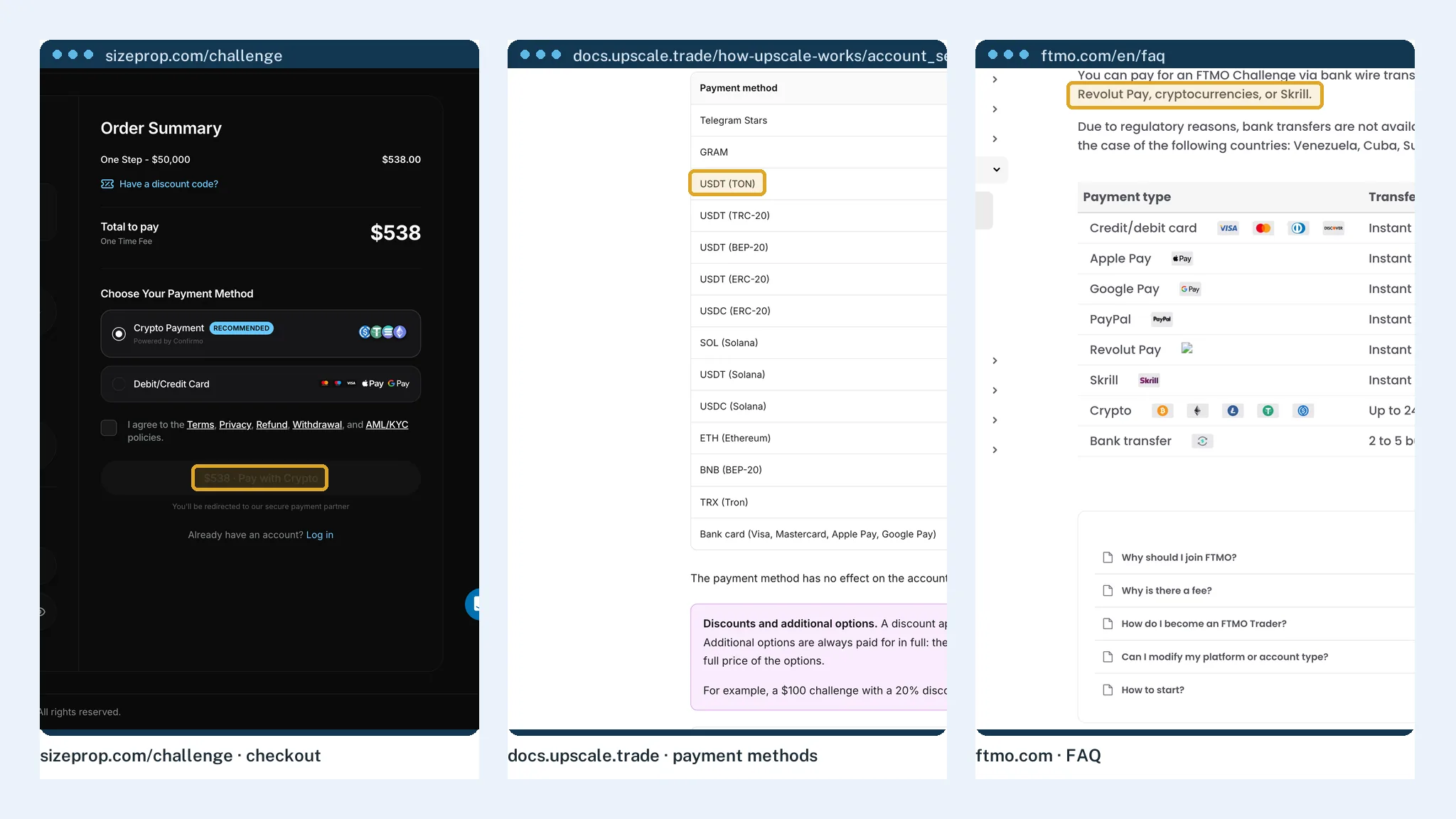 Prop firm checkout pages accepting USDT and bitcoin for challenge fees