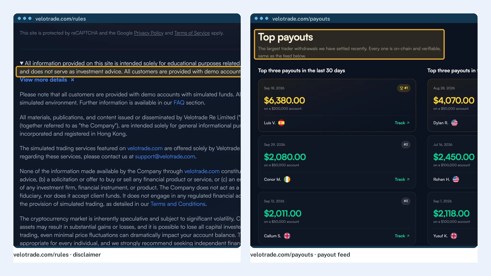 Velotrade's own disclaimer that all customers trade demo accounts with simulated funds, beside its on-chain payout feed