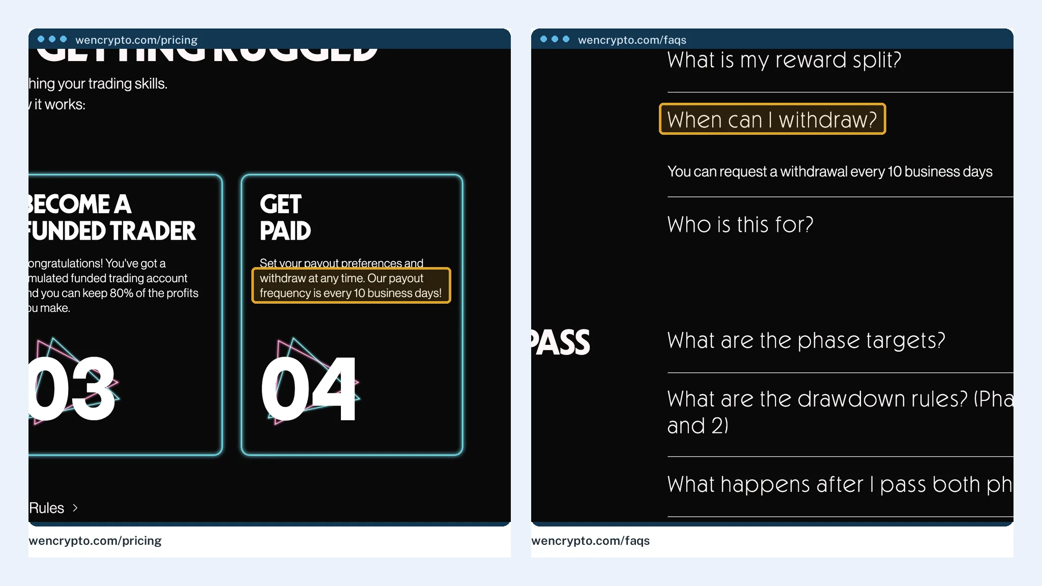 WenCrypto's pricing card beside the FAQ answer on withdrawal frequency